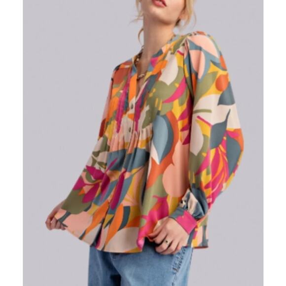 Cloth by Easel Tops - Easel Long Sleeve Pleated Abstract Colorful Sophia Twill Button Blouse Small NWT